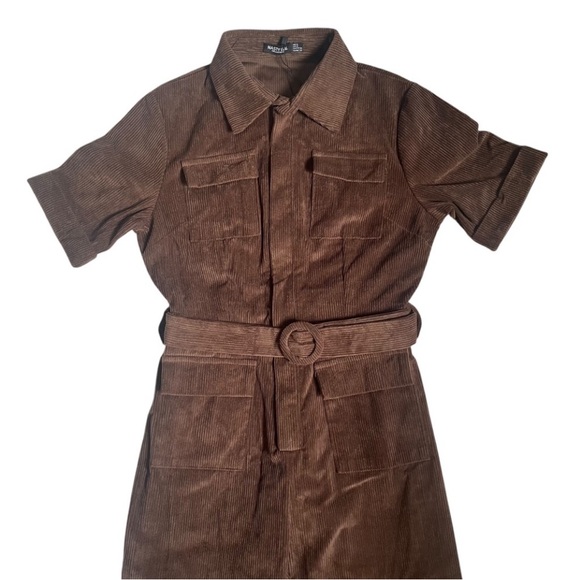 Nasty Gal Jumpsuit Womens 6 Brown Corduroy Flared Flare Belted Short Sleeves NWT - Picture 3 of 14